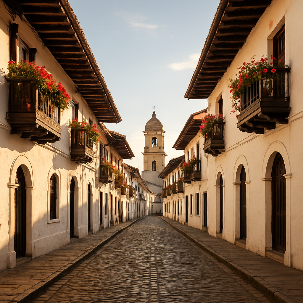 Calles coloniales empedradas de Popayán con fachadas blancas y balcones floridos